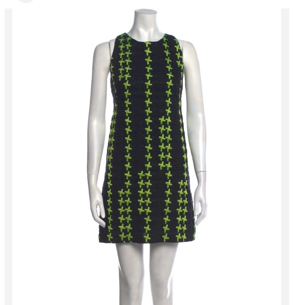 Milly Womens Black Neon Green Cross Embroidered Silk Blend Shift Dress 8 10